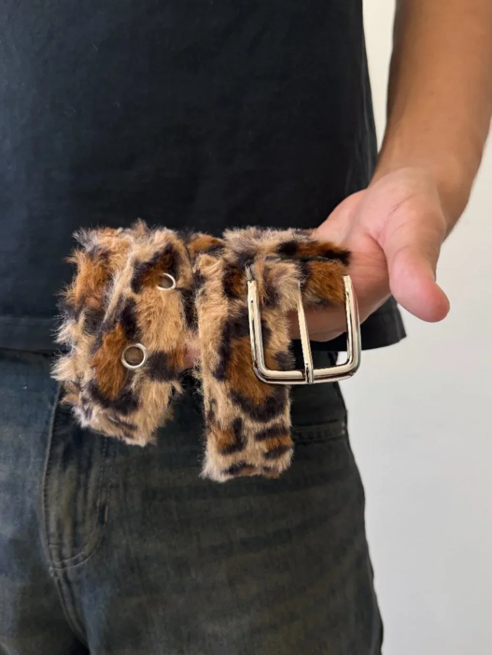 Plush Leopard Faux Fur Silver Buckle Belt